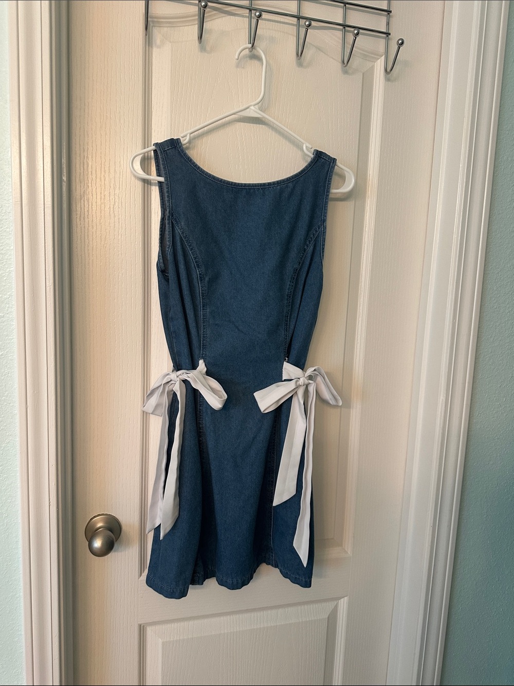 SHEIN Blue Denim Mini Dress with White Side Ties